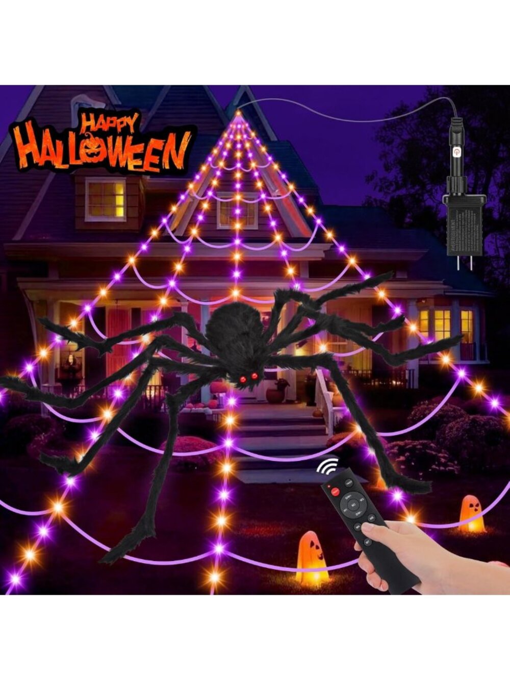 200" Halloween Spider Web Lights & 59" Fake Spider - Outdoor Decorations